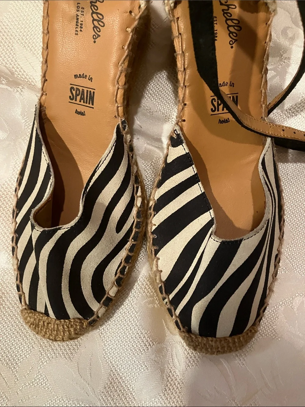 Seychelles Black and White Striped Espadrille Wedges with Ankle Tie